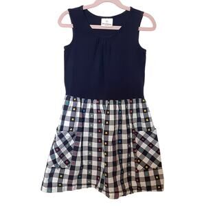 Hanna Andersson Navy Blue Gingham Swiss Dot Sun Dress Girls 8 Nautical Summer